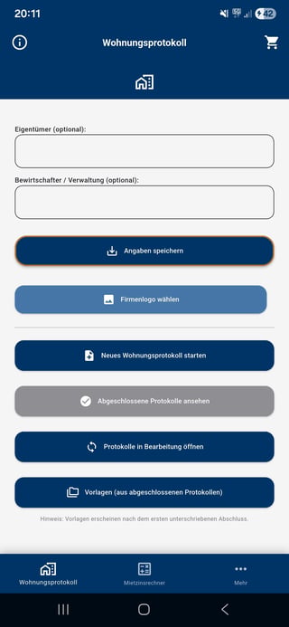 German housing protocol mobile app interface with input fields and action buttons for managing rental property documentation
