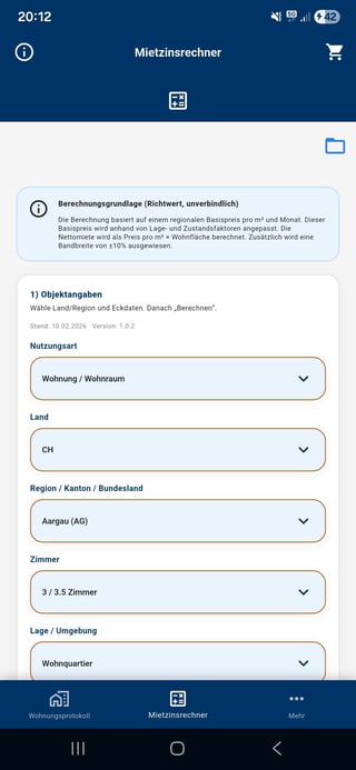 Mobile app interface for Mietzinsrechner showing rental calculation form with dropdown fields for usage type, country, region, number of rooms, and location