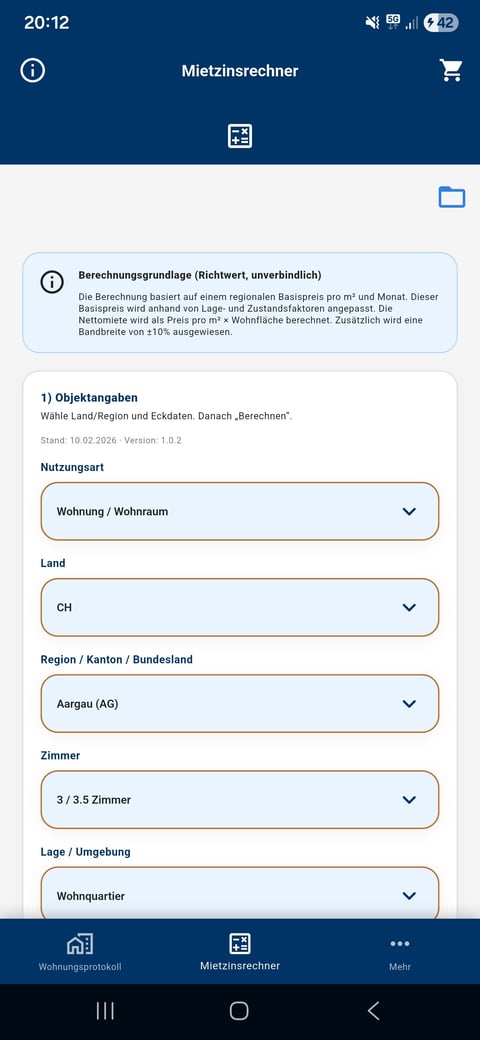 Mobile app interface for Mietzinsrechner showing rental calculation form with dropdown fields for usage type, country, region, number of rooms, and location