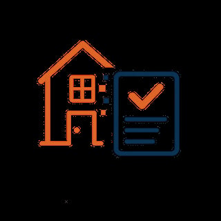 Orange house icon with blue checklist document showing checkmark symbol on black background