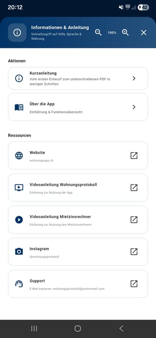 German app information screen showing actions, resources, and support options including quick guide, website, video tutorials, Instagram, and email support contact.
