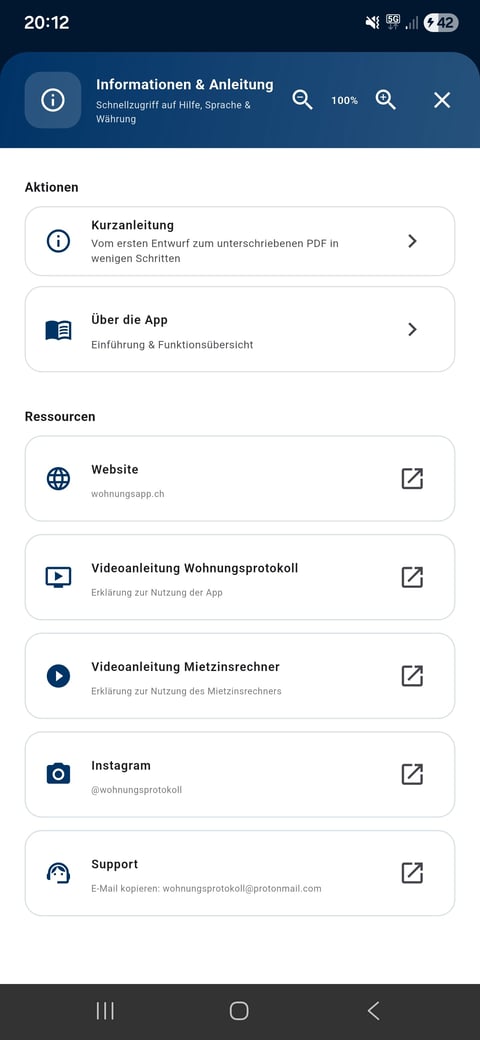 German app information screen showing actions, resources, and support options including quick guide, website, video tutorials, Instagram, and email support contact.